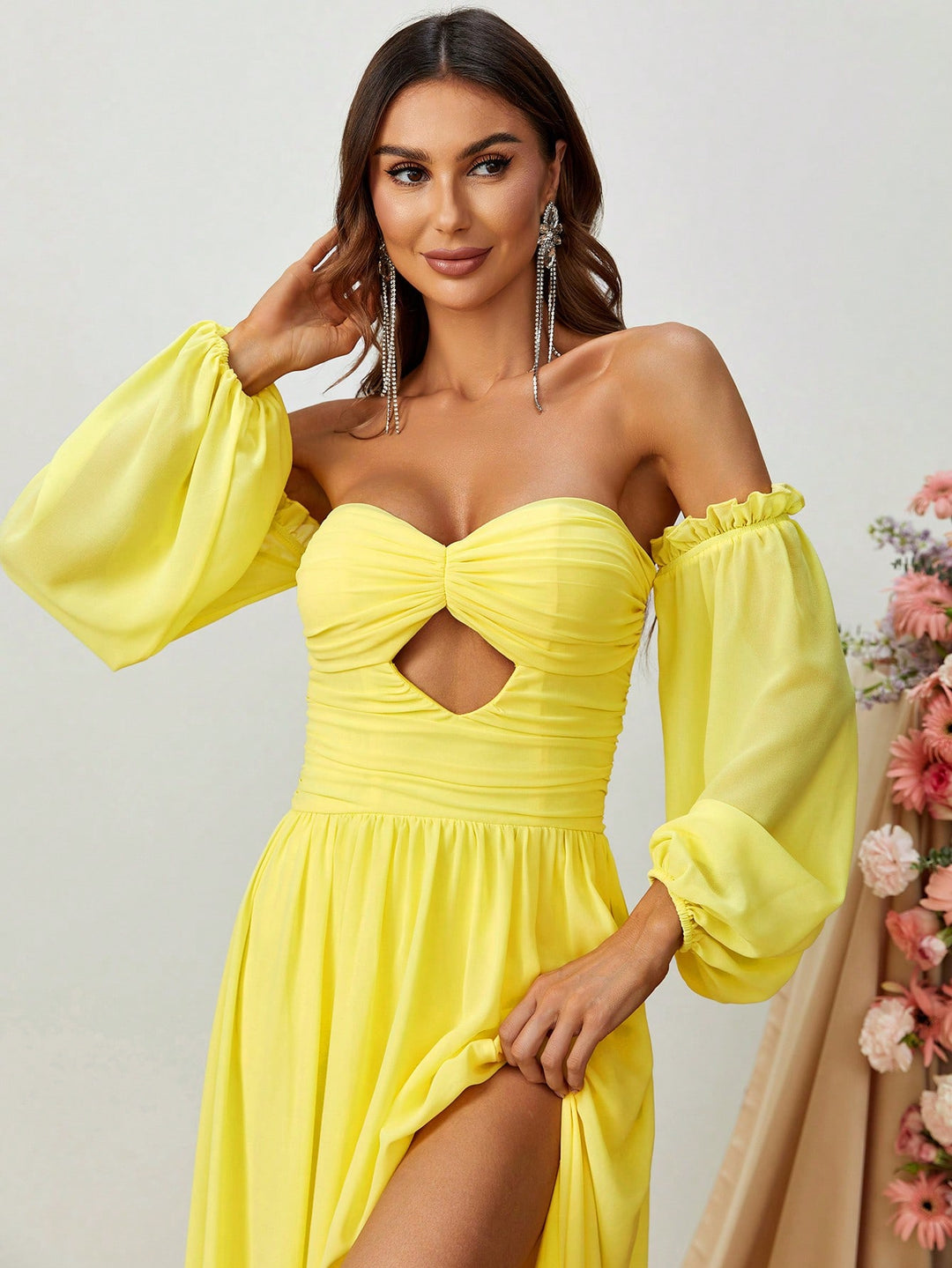 Elegant Off Shoulder Cut Out Ruched Split Thigh A Line Dress