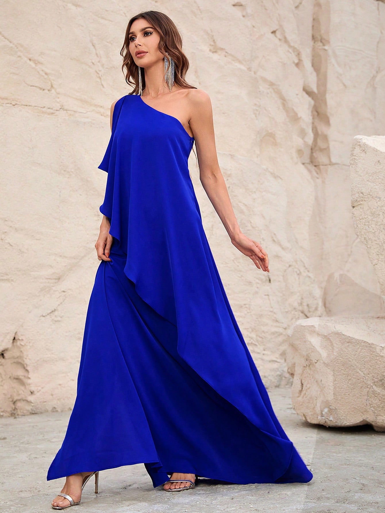 One Shoulder Sleeveless Ruffle Trim Chiffon Dress