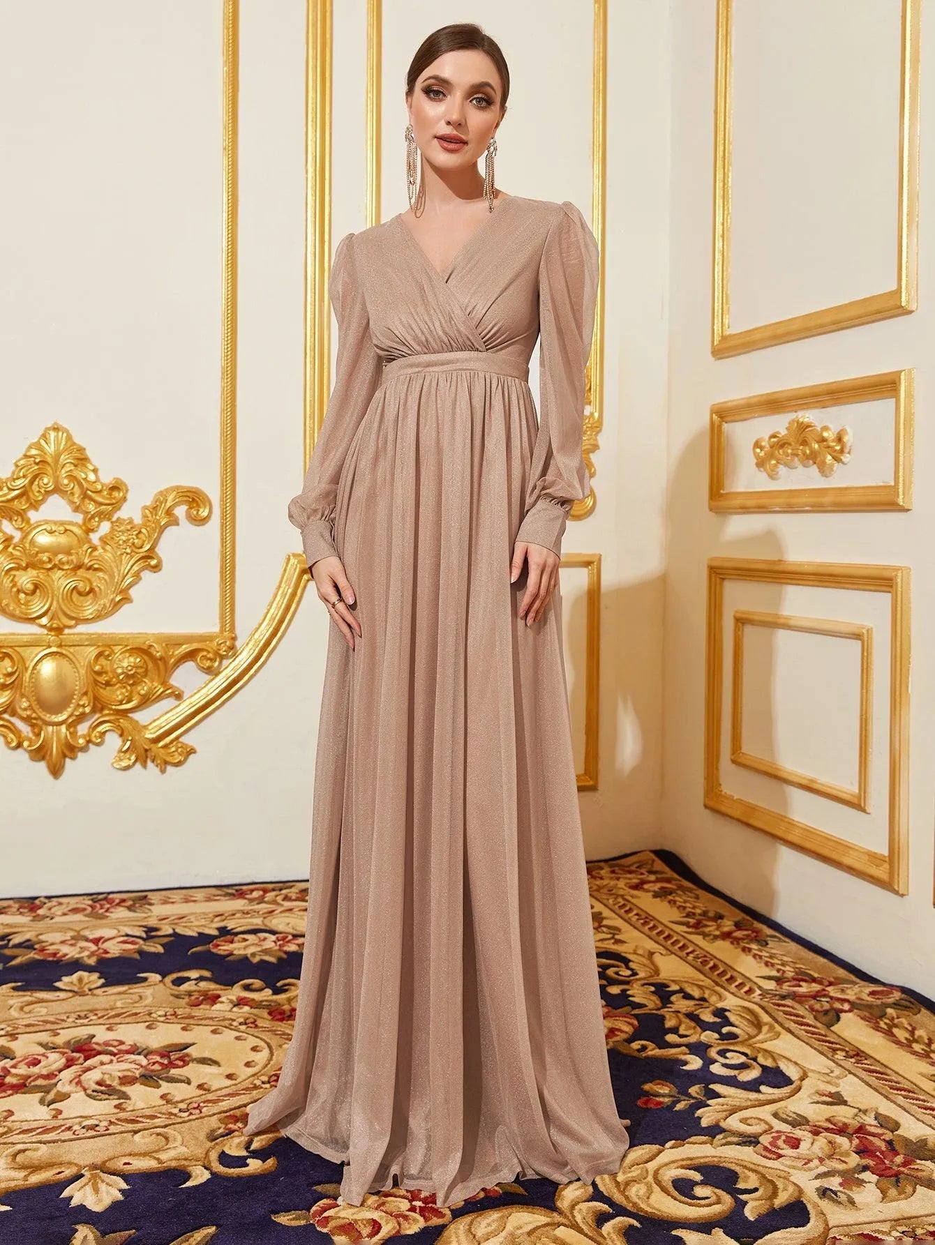 Elegant V Neck Lantern Sleeves Maxi A Line Dress