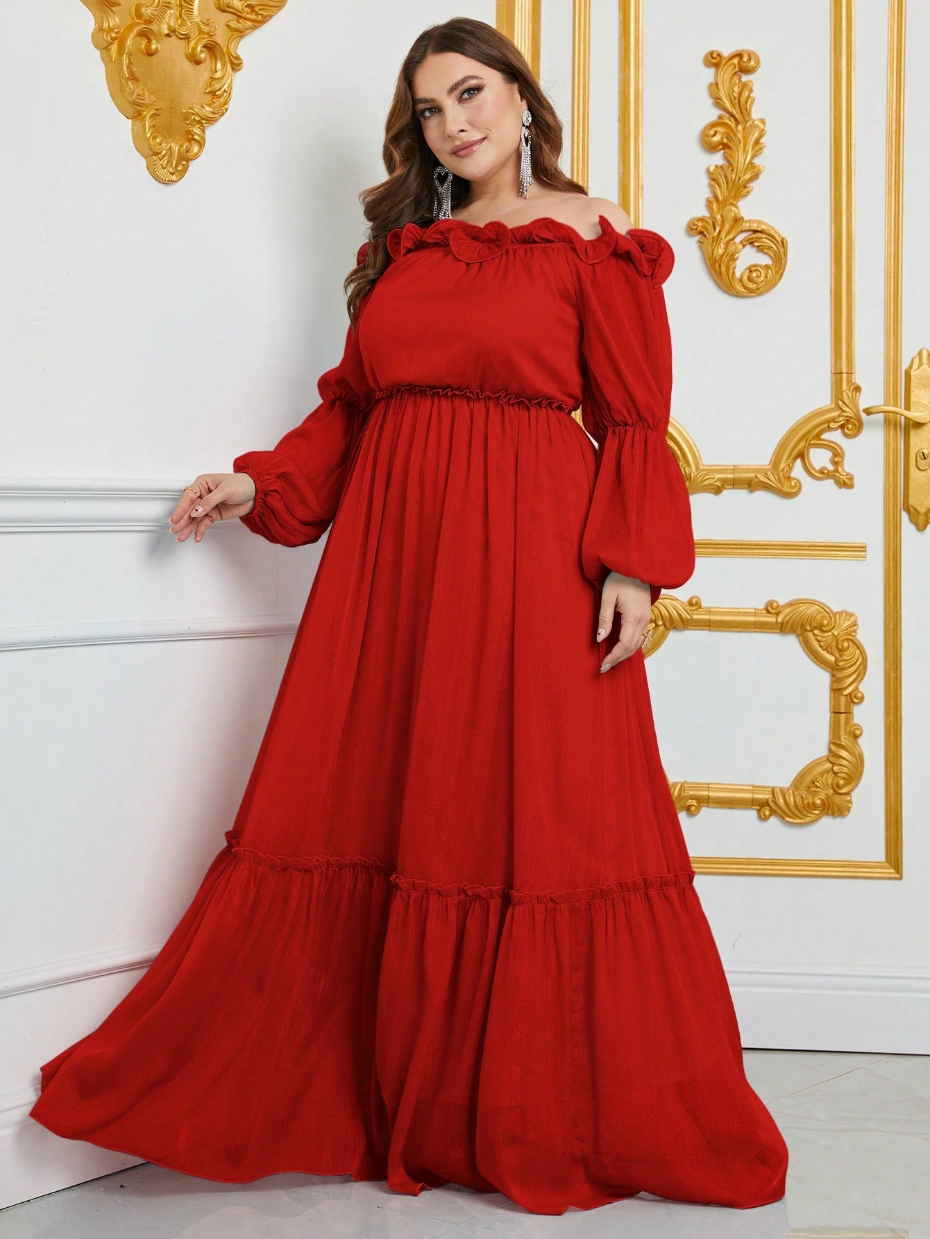 Plus Off Shoulder Ruffle Trim Chiffon A Line Dress