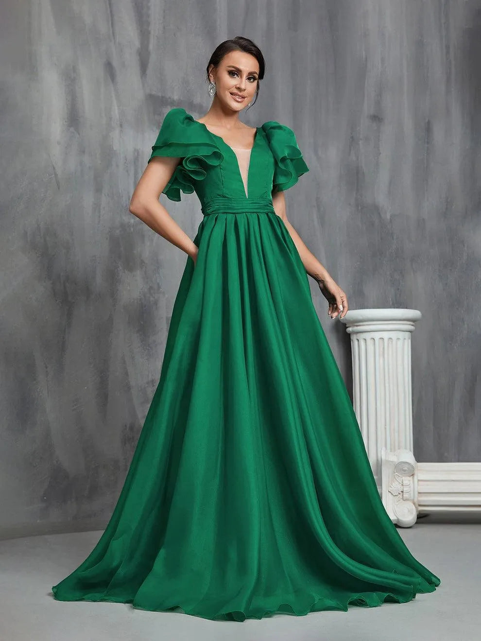 Backless Layered Sleeves Organza Prom Dress