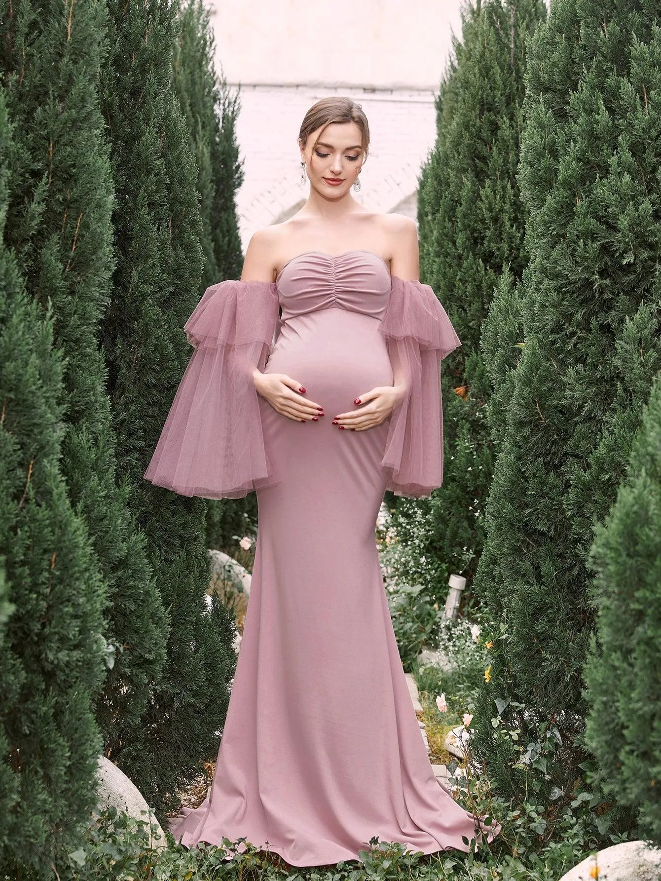 Maternity Mesh Sleeves Mermaid Hem Tube Prom Dress