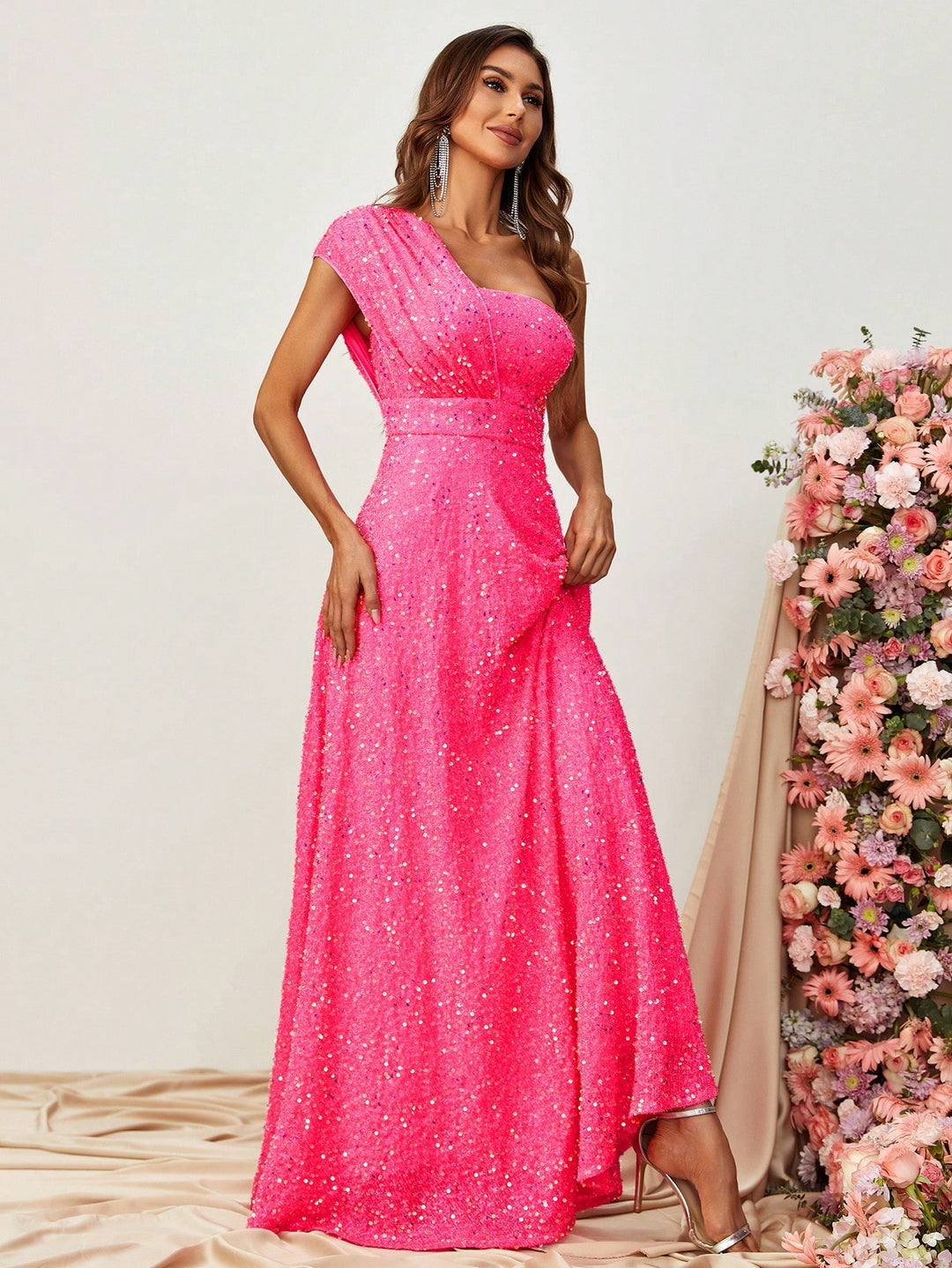 Elegant One Shoulder Sequin A Line Dresses