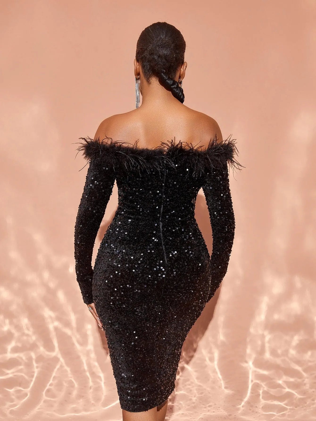 Chic Feather Decor Off Shoulder Sequin Cocktail Dress