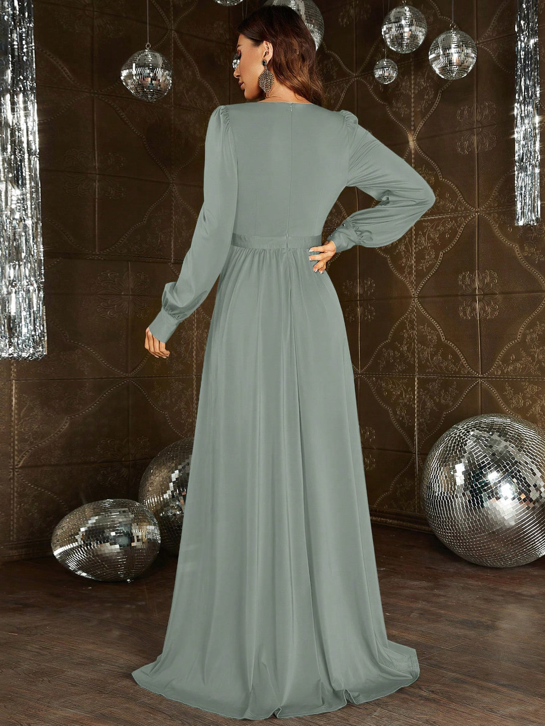 Elegant Plunging Neck Long Sleeve Satin Slit Dresses