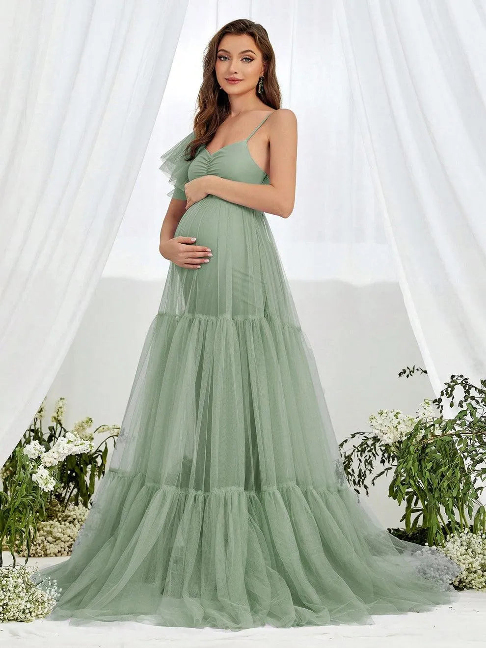 Maternity Ruched Bust Layered Hem Mesh Ruffle Cami Dress