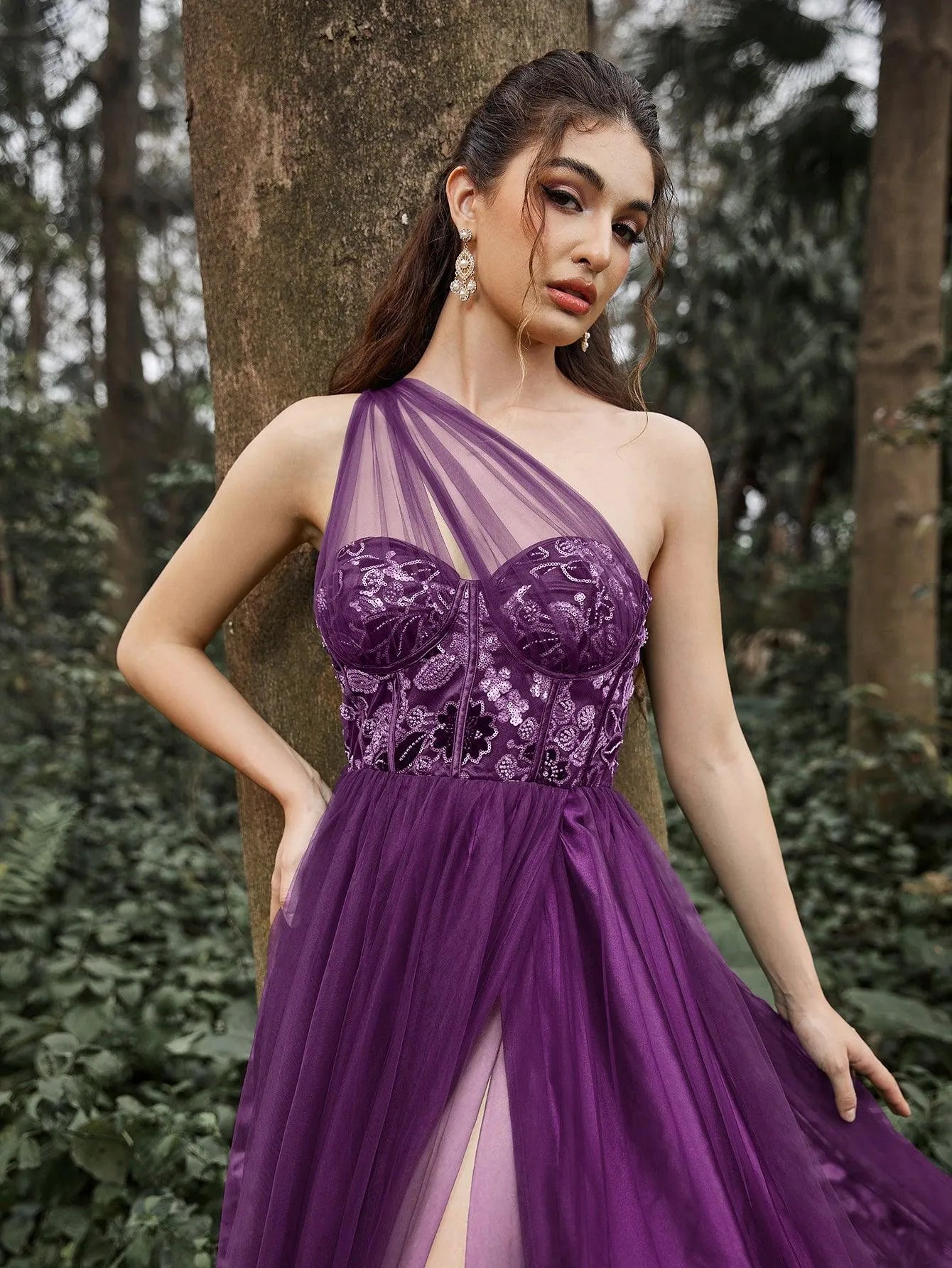 Luxury One Shoulder Tulle Overlay Floral Sequin Bodice Split Prom Dress