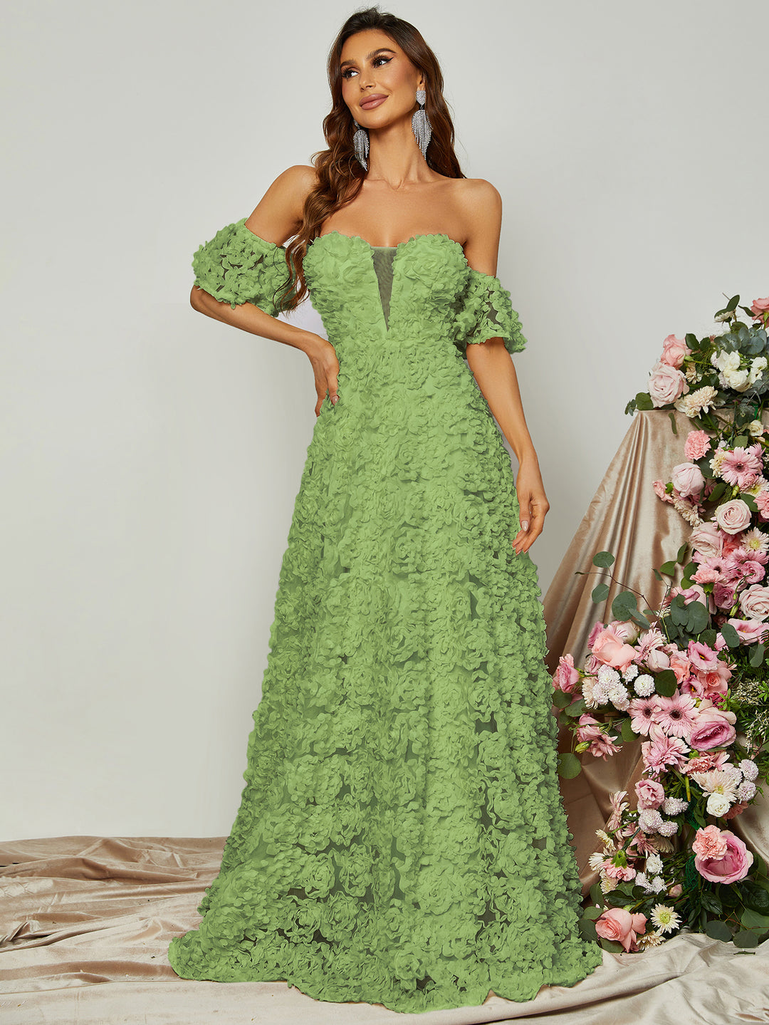 Off Shoulder 3D Flower A-Line Dresses