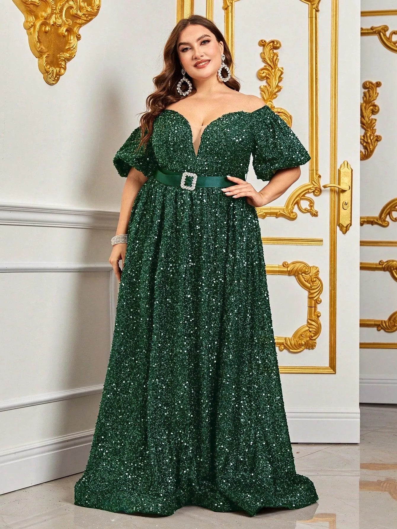 Plus Off Shoulder Puff Sleeves Sequin Formal Dress