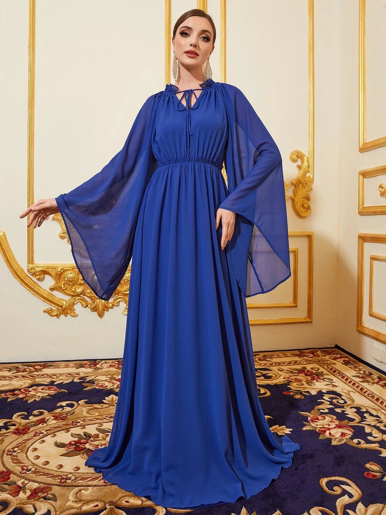 Solid Flared Sleeves Chiffon Dress