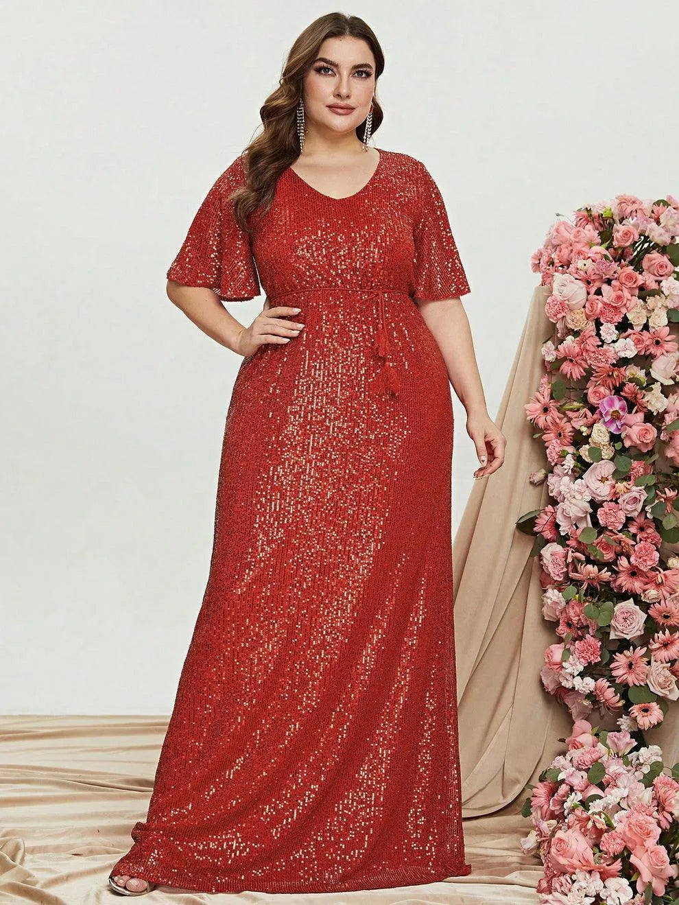 Plus Butterfly Sleeve Sequin Prom Dress