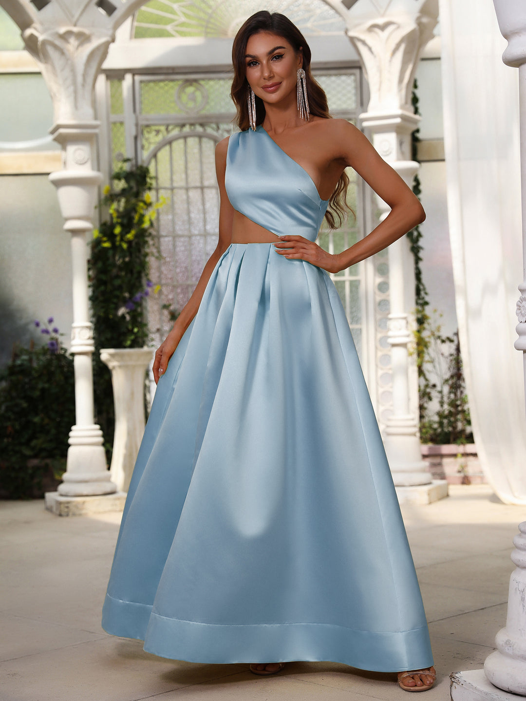 Cut Out One Shoulder Sleeveless Satin A line Dresses