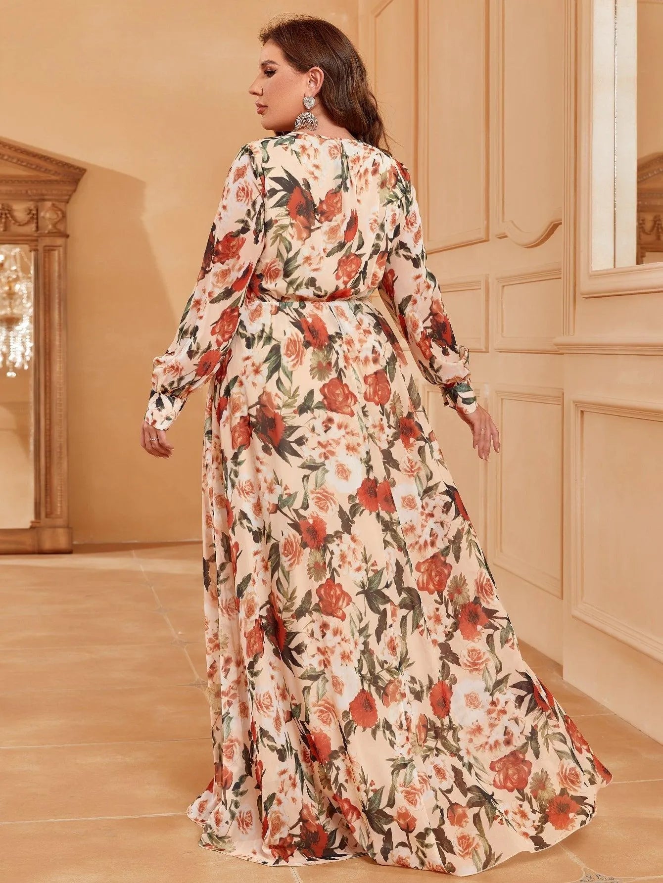 Plus V Neck Long Sleeve Floral Chiffon Belted Dress