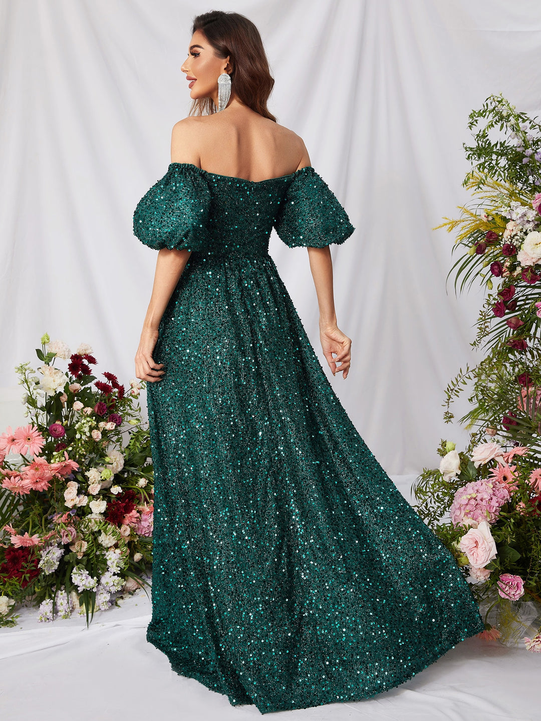 Elegant Off Shoulder Short Sleeve Sequin A Line Dresses