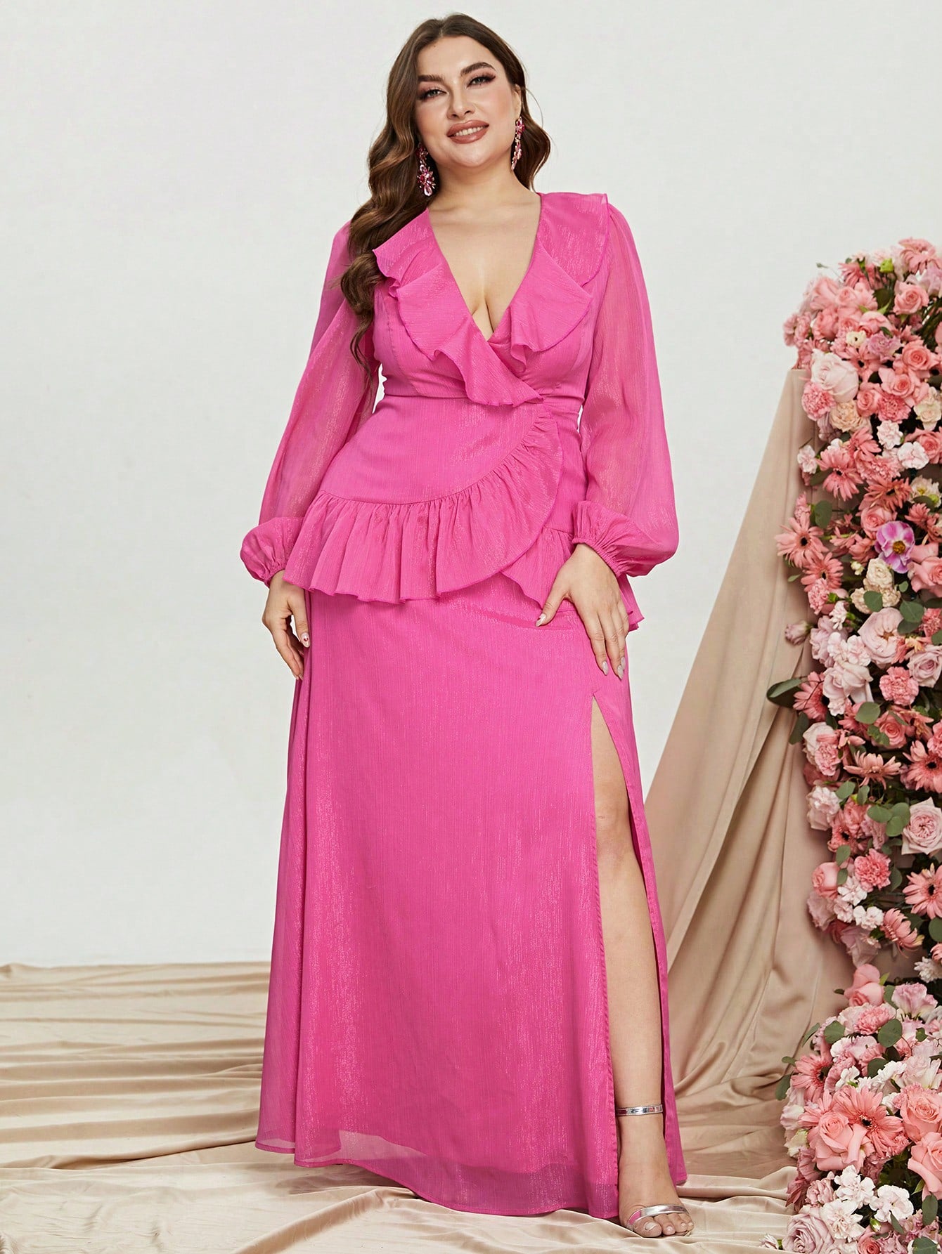 Plus Ruffle Trim V Neck Lantern Sleeve Chiffon Dress