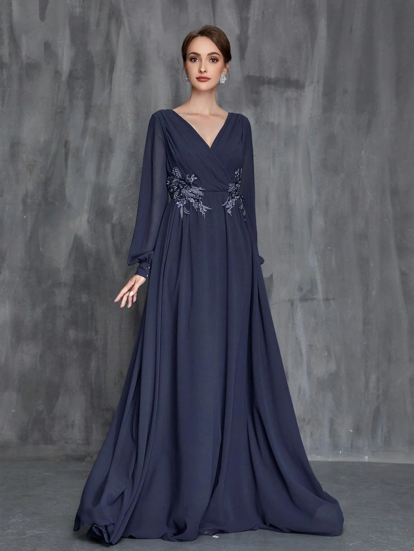 Womens‘ Floral Appliques Lantern Sleeves Chiffon Dress