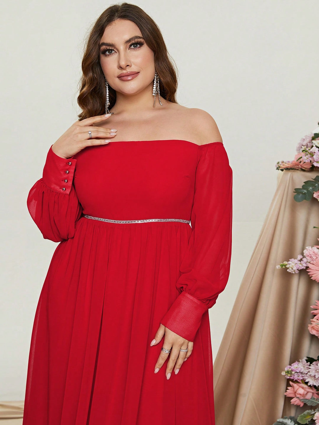 Plus Size Elegant Off Shoulder Long Sleeve Chiffon A Line Dresses