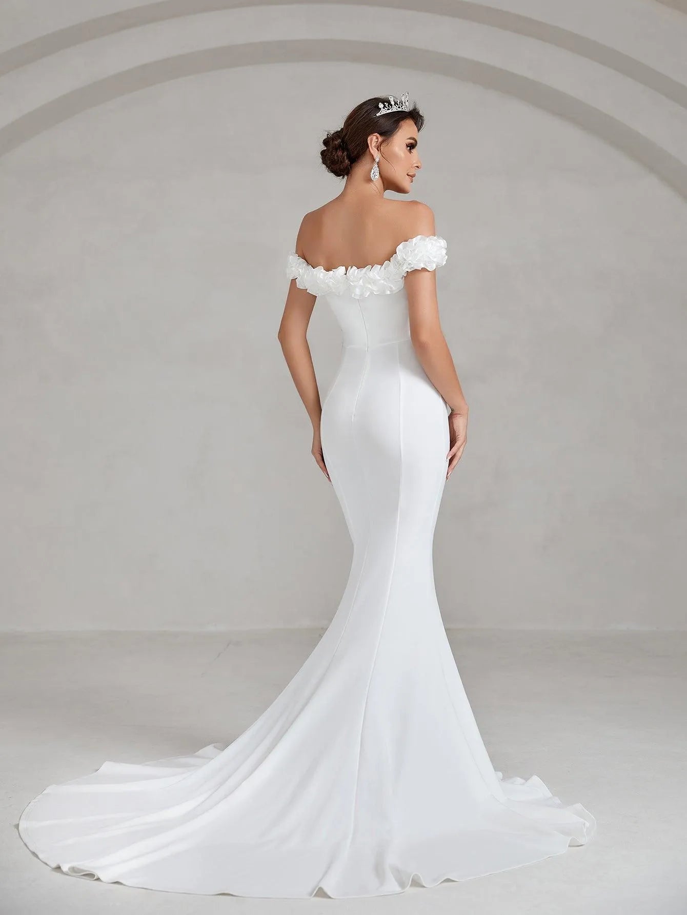 Ruffle Trim Off Shoulder Mermaid Hem Wedding Dress