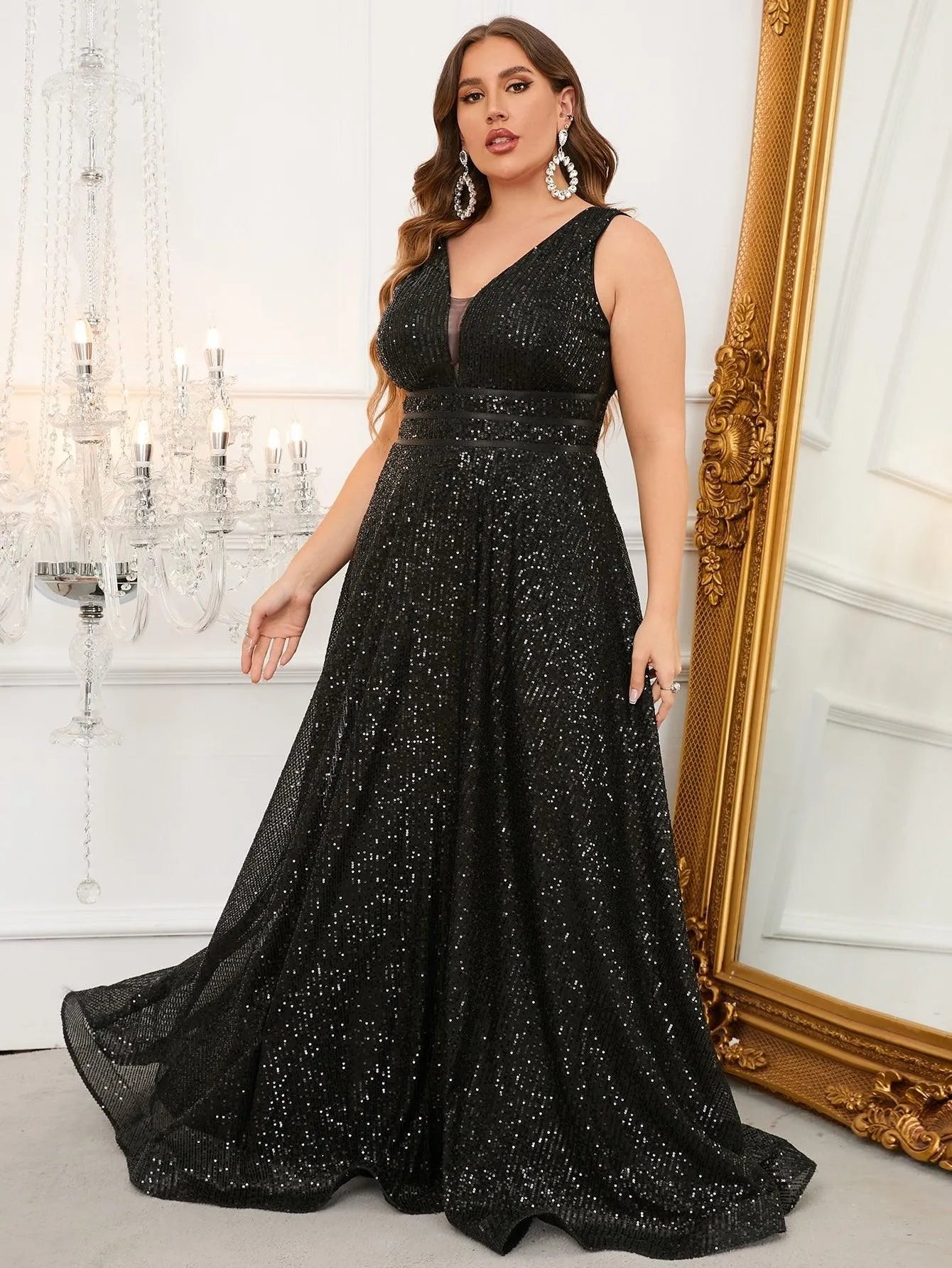 Plus Plunging Neck Sequin Floor Length Dress