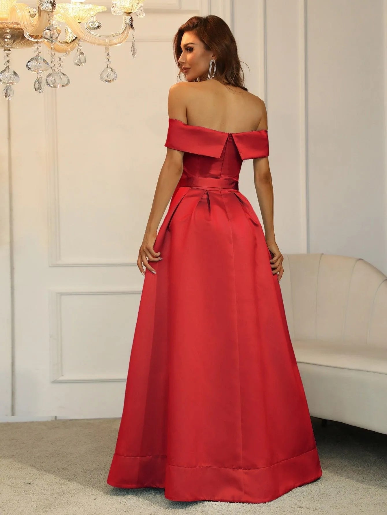 Off Shoulder Buckle Belted Satin Ball Gown