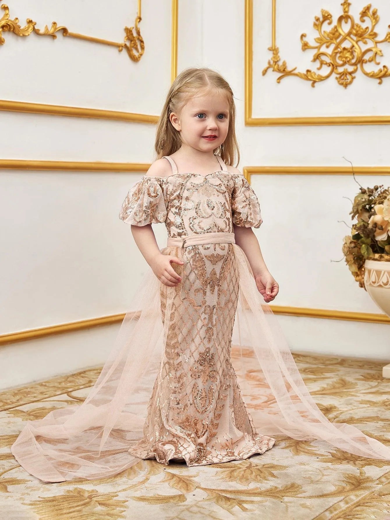 Young Girls' Sweetheart Collar Puff Sleeves Mesh Overlay Sequin Dress