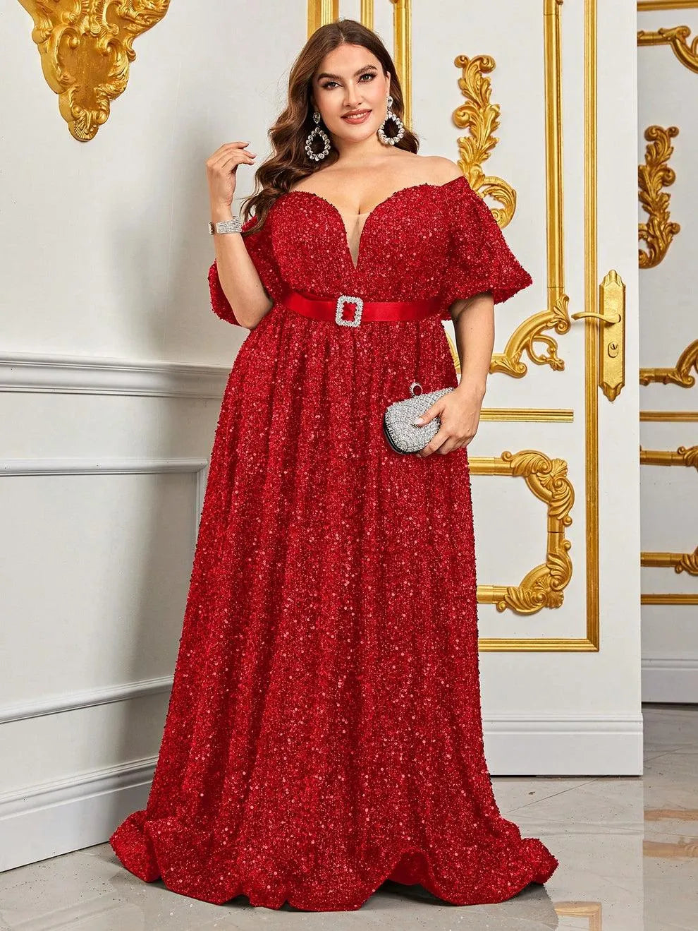 Plus Off Shoulder Puff Sleeves Sequin Formal Dress