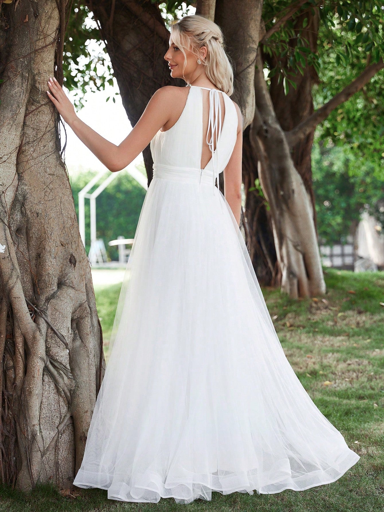 Halter Neck Cut Out Front  Mesh Wedding Dress