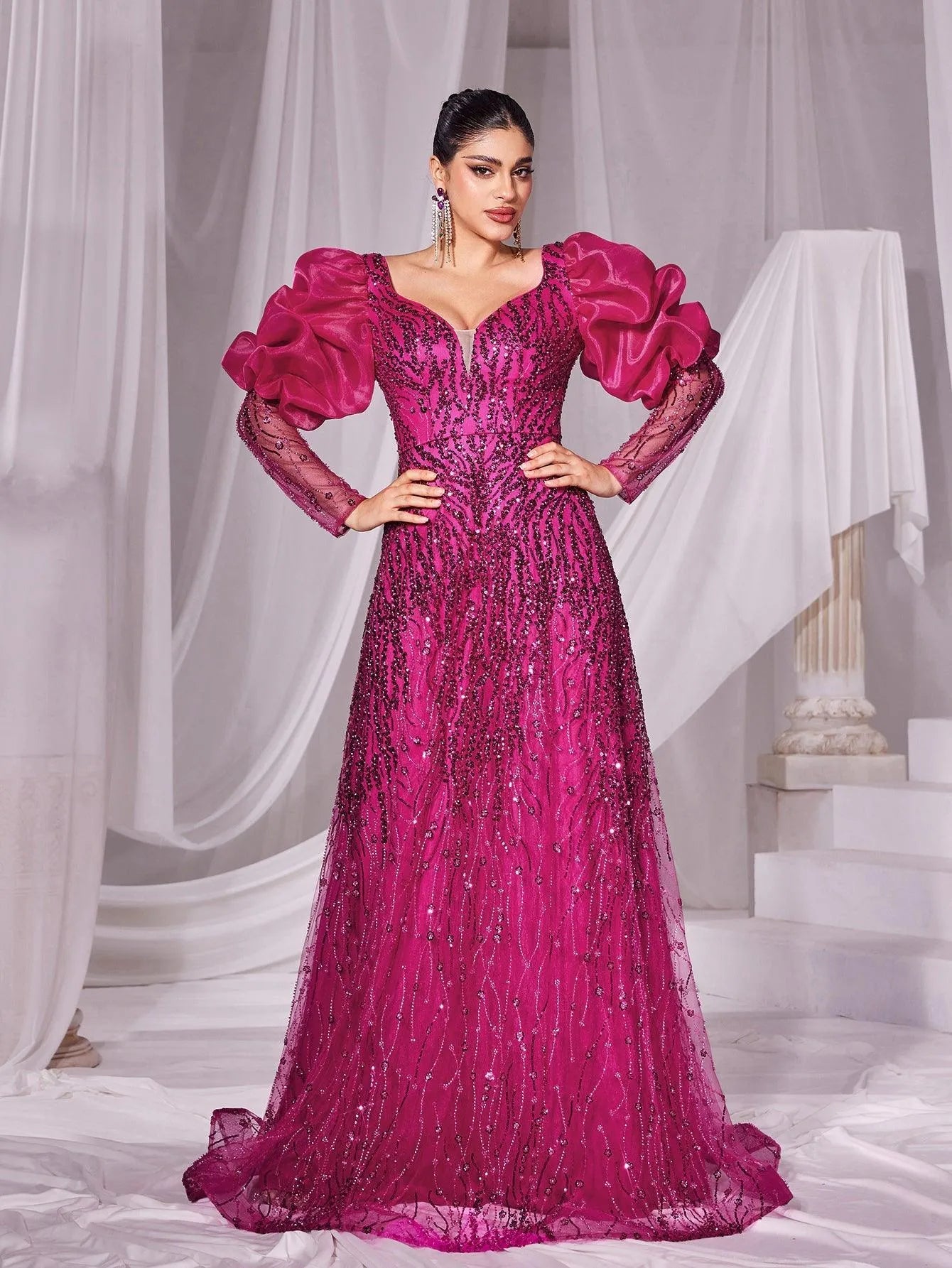 Gorgeous Plunging Neck Gigot Sleeves Maxi Prom Dress