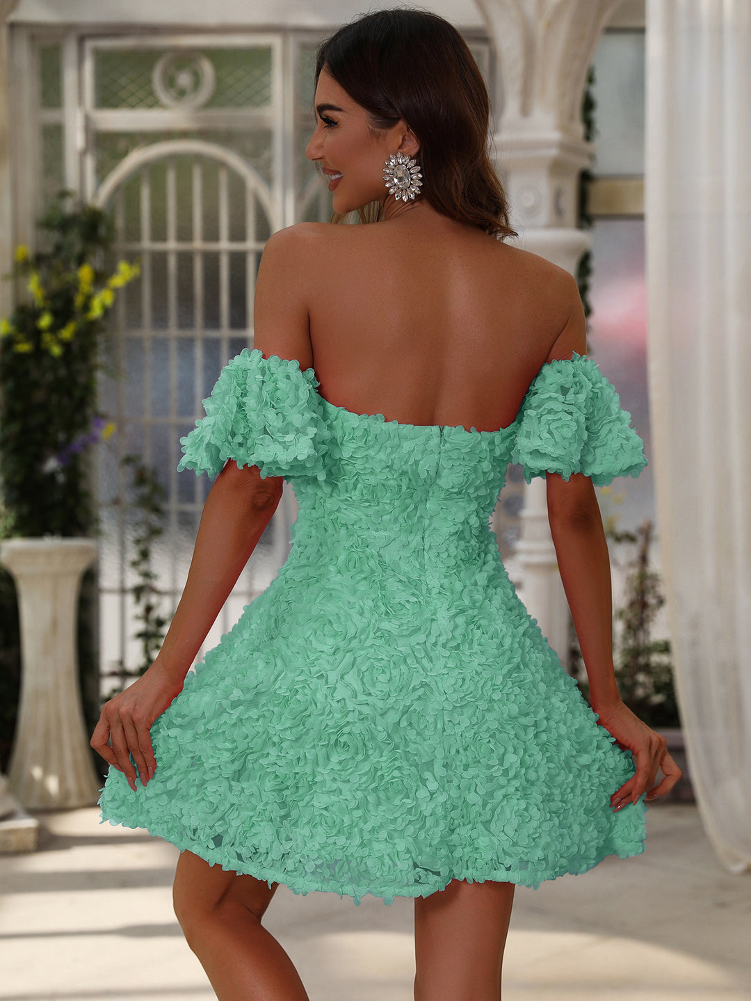 Elegant Off Shoulder Short Sleeve 3D Flower Dresses