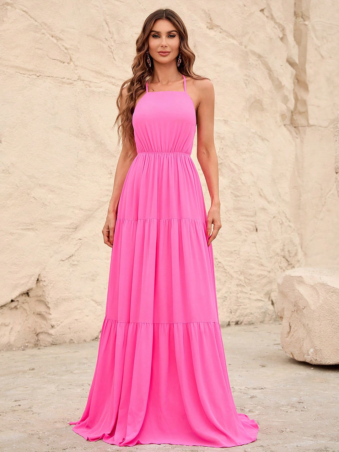 Back Lace Up Chiffon Tiered Maxi Dress