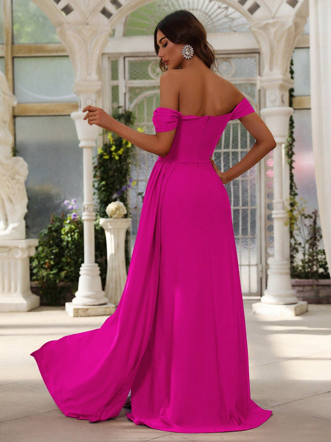 Elegant Off Shoulder Short Sleeve Satin Slit Dresses