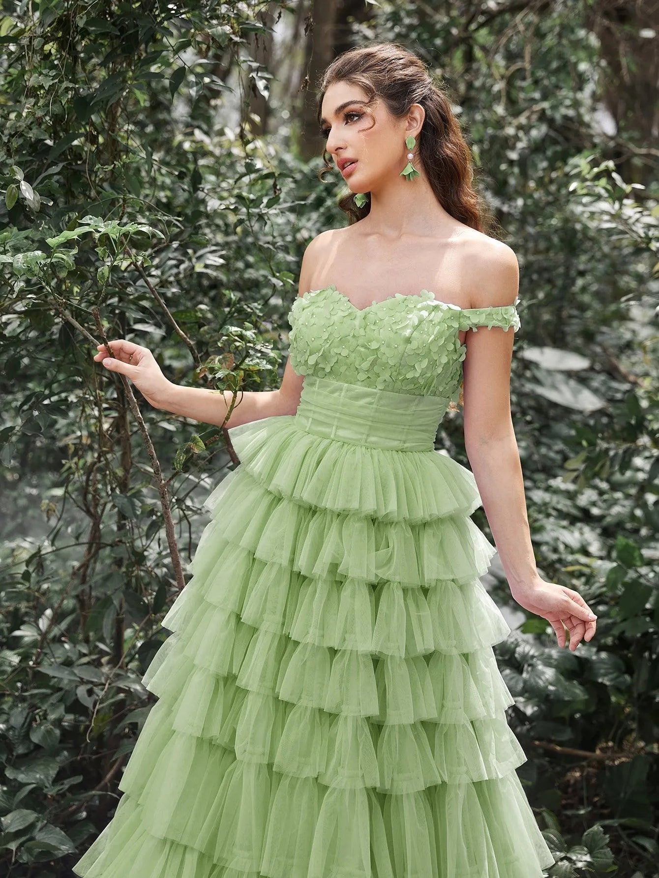 Gorgeous Off Shoulder Applique Bodice Cascading Ruffle Hem Prom Dress