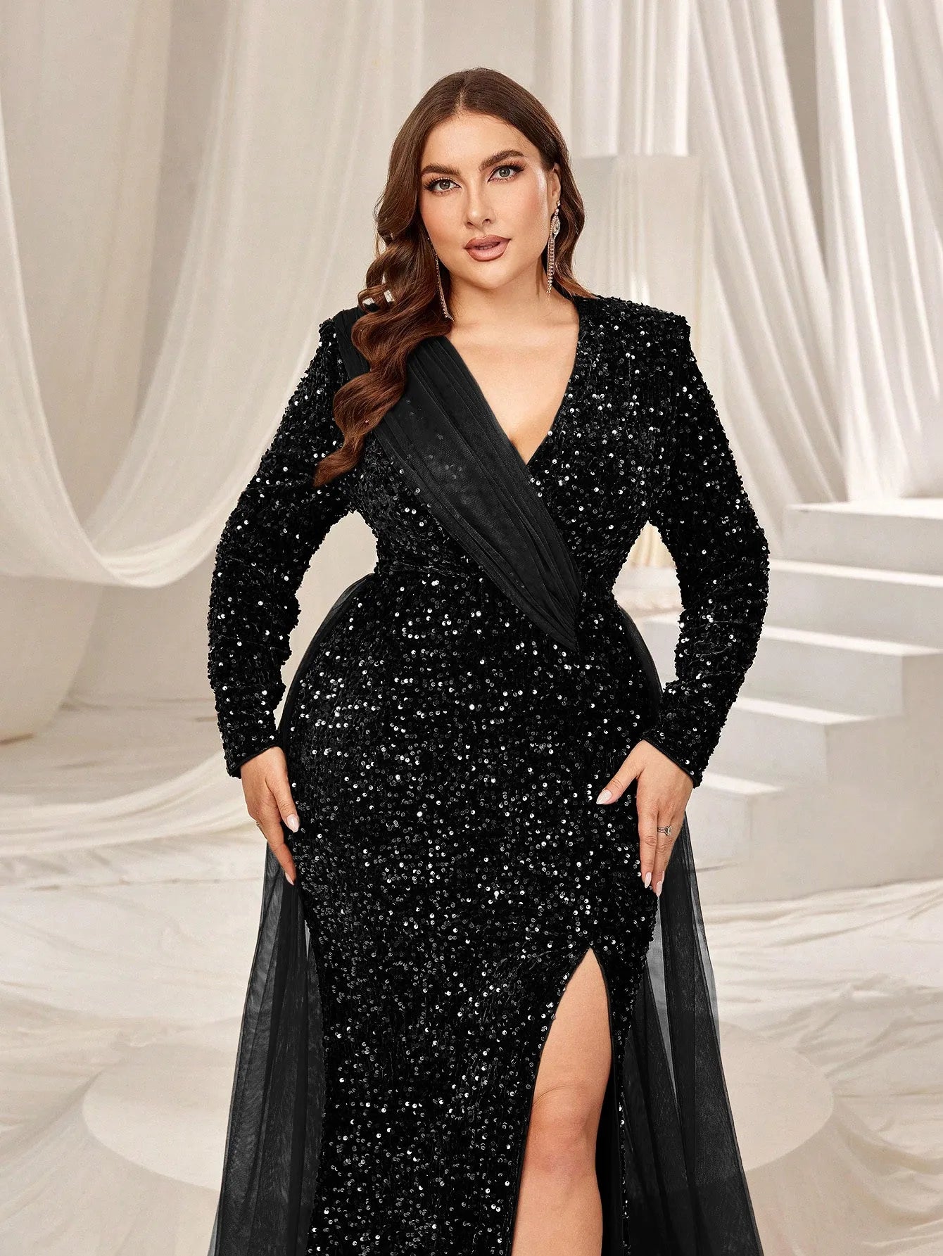 Plus Elegant Mesh Insert Split Mermaid Hem Sequin Evening Dress