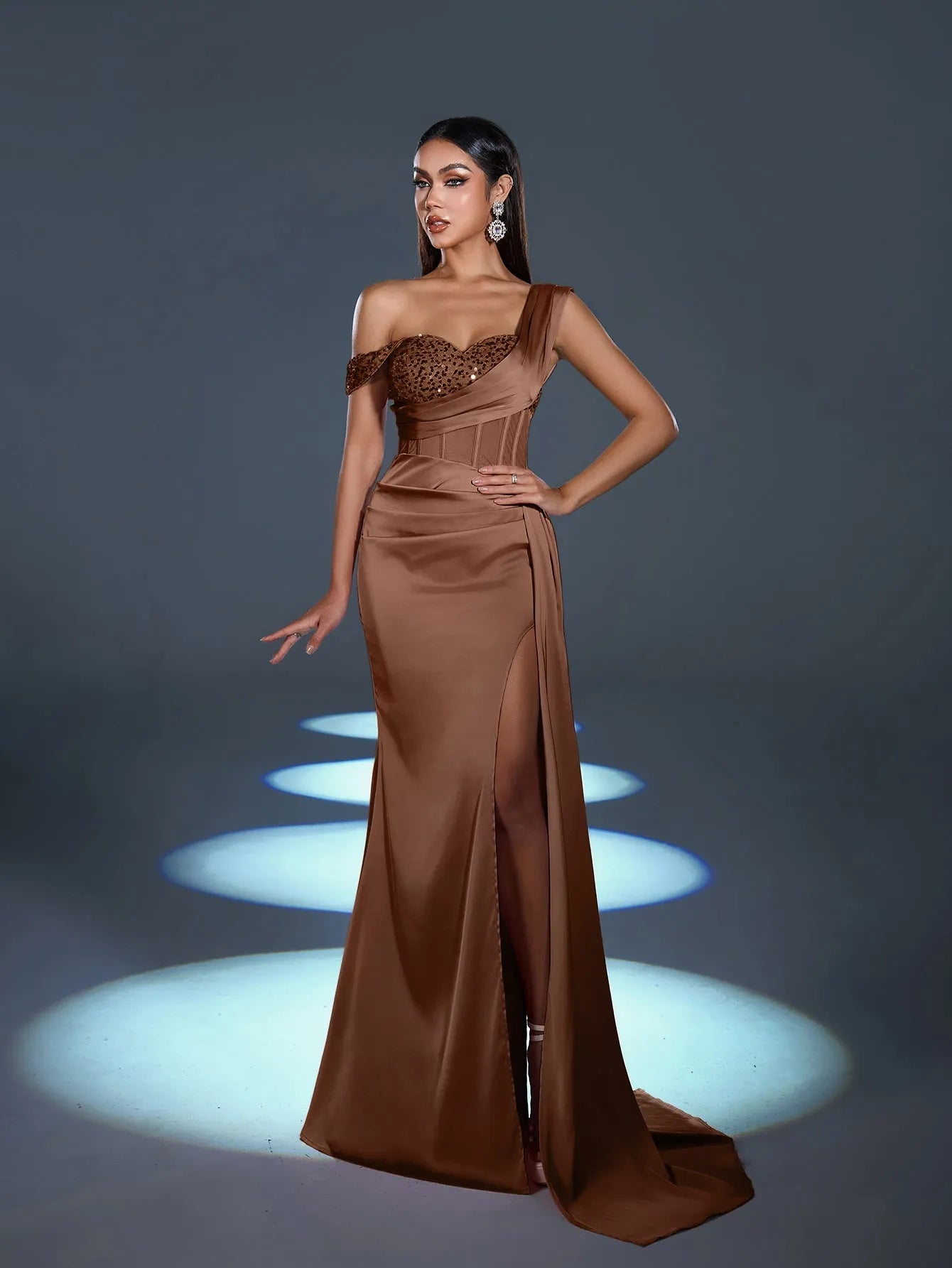 Elegant Asymmetrical Neck Split Mermaid Hem Satin Evening Dress