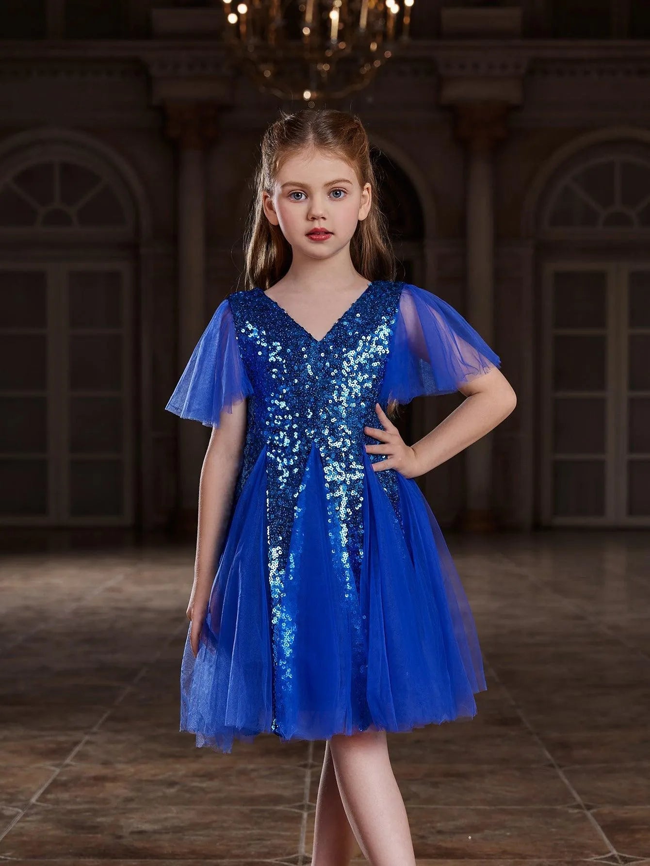 Tween Girls' Butterfly Sleeves Mesh Insert Sequin Dress