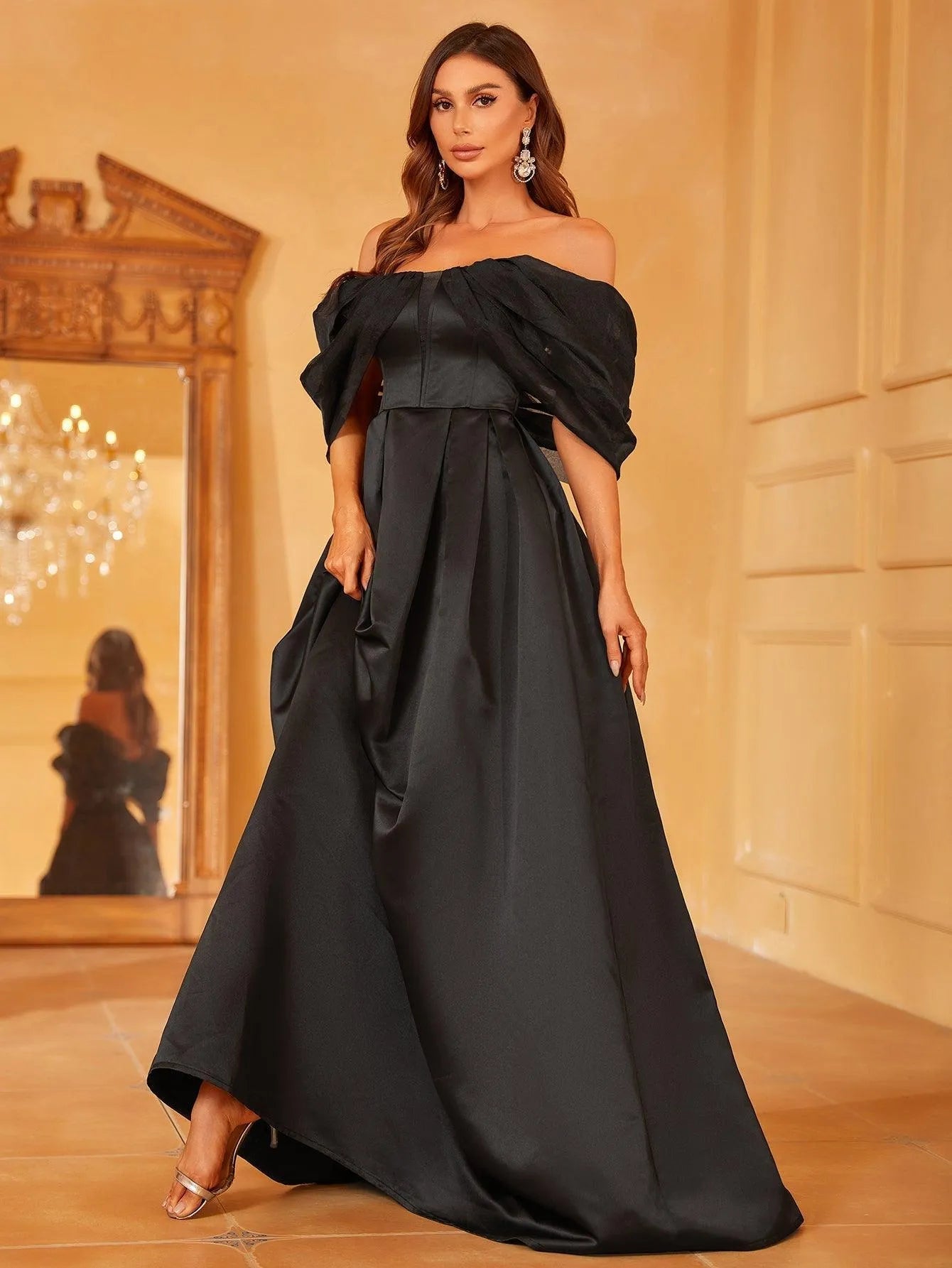 Off Shoulder Contrast Mesh Satin Formal Dress