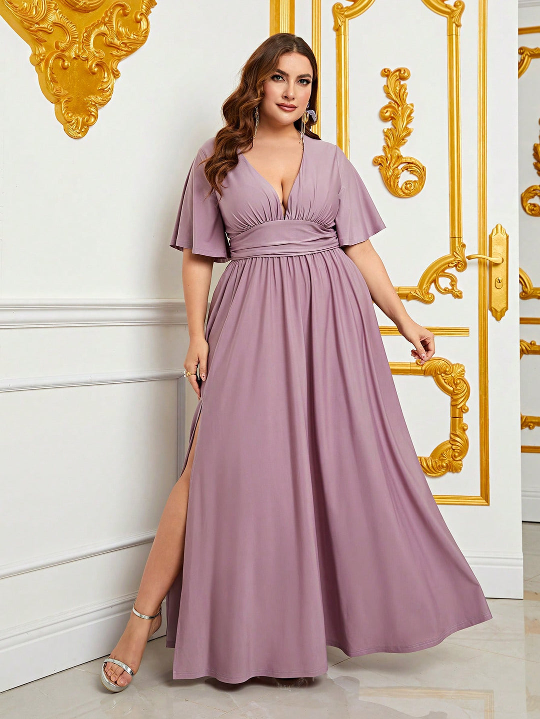 Plus V Neck Butterfly Sleeve Satin Dress