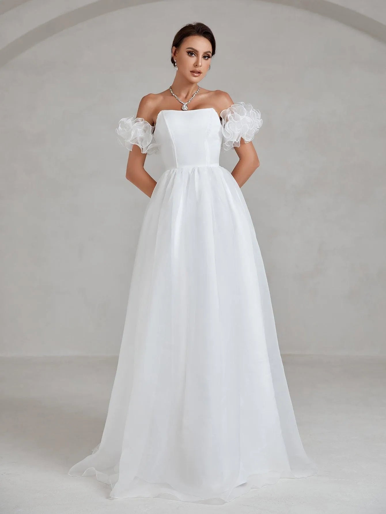 Ruffle Sleeve Organza Tube Wedding Dress