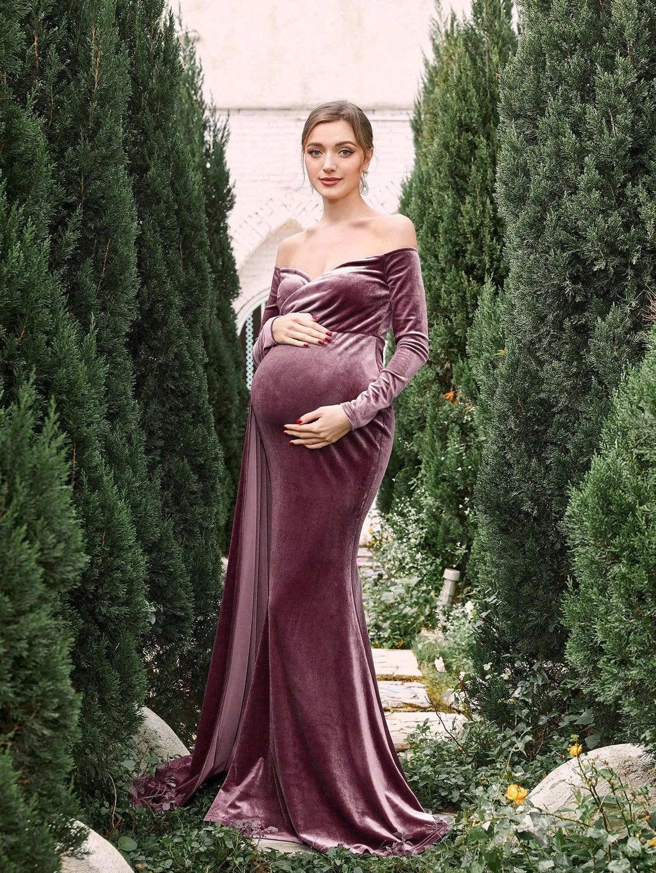 Maternity Off Shoulder Velvet Mermaid Prom Dress