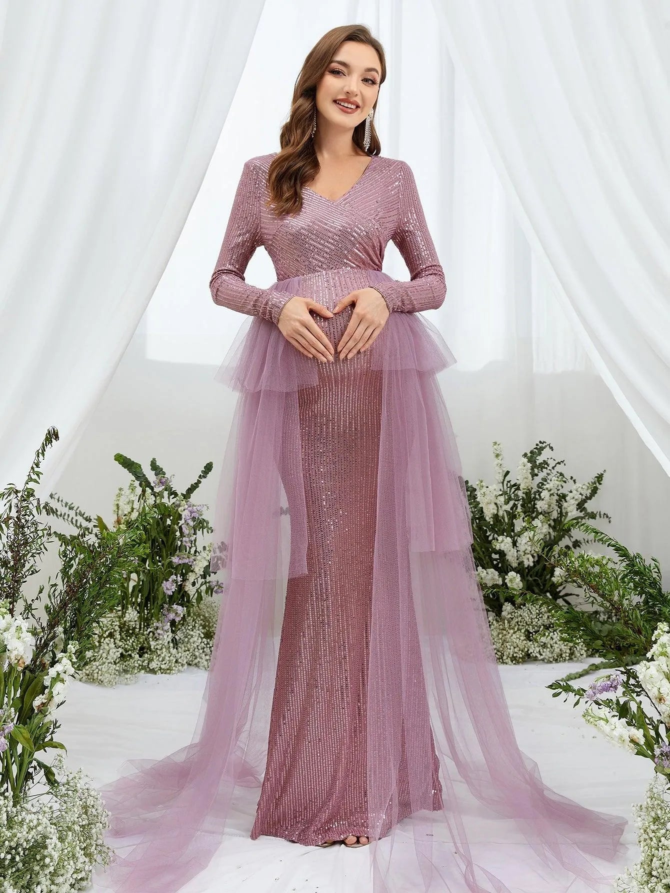 Maternity Surplice Nec Mesh Overlay Sequin Mermaid Dress