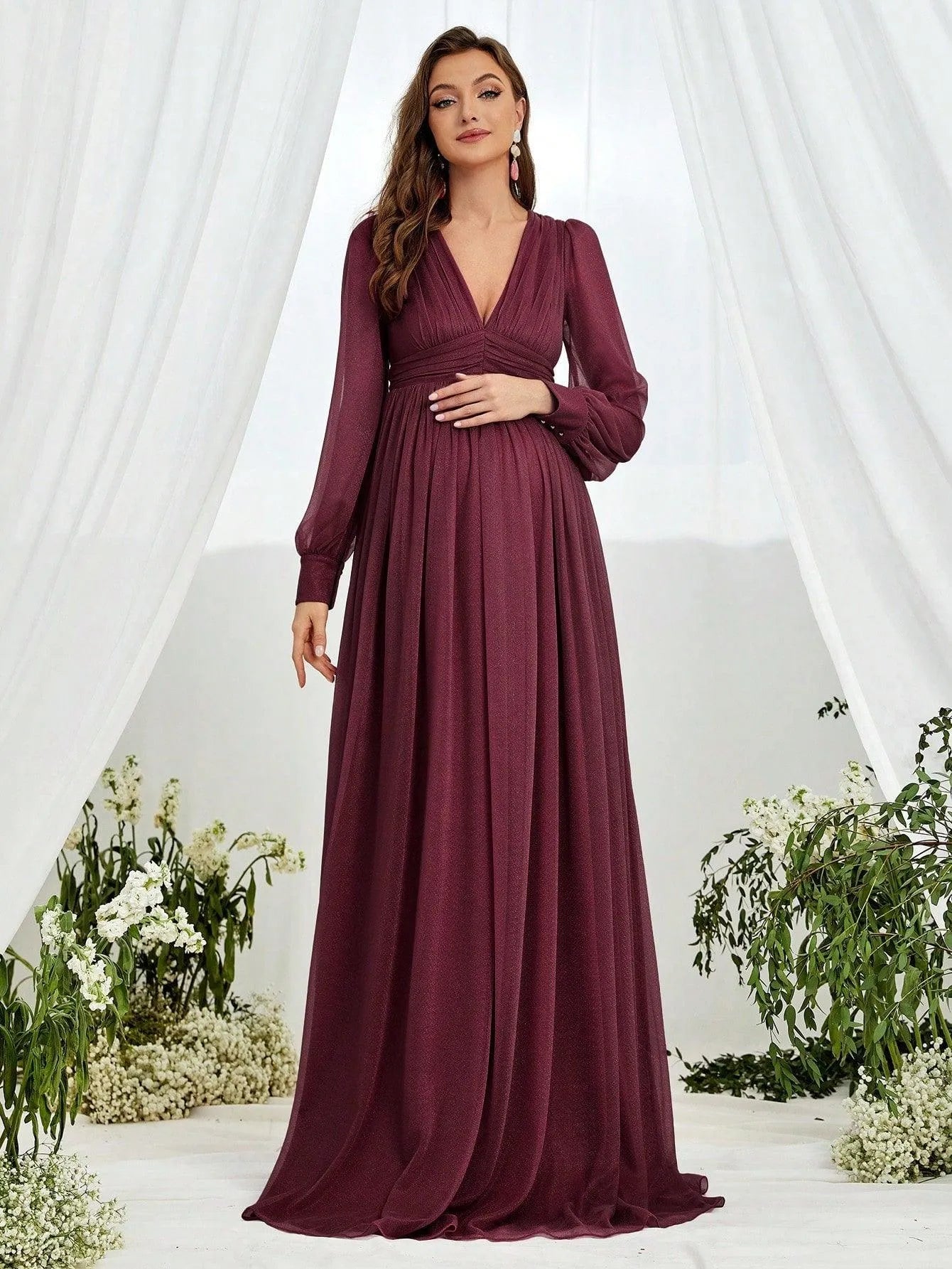 Maternity V Neck Lantern Sleeve A Line Dress