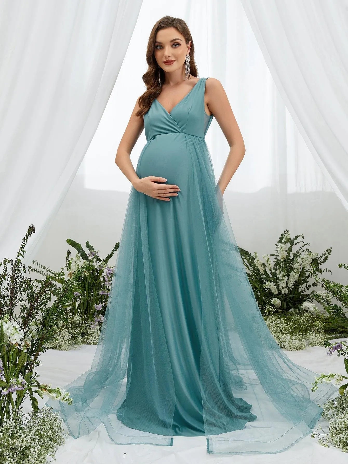 Maternity Backless Surplice Neck Mesh Overlay Dress