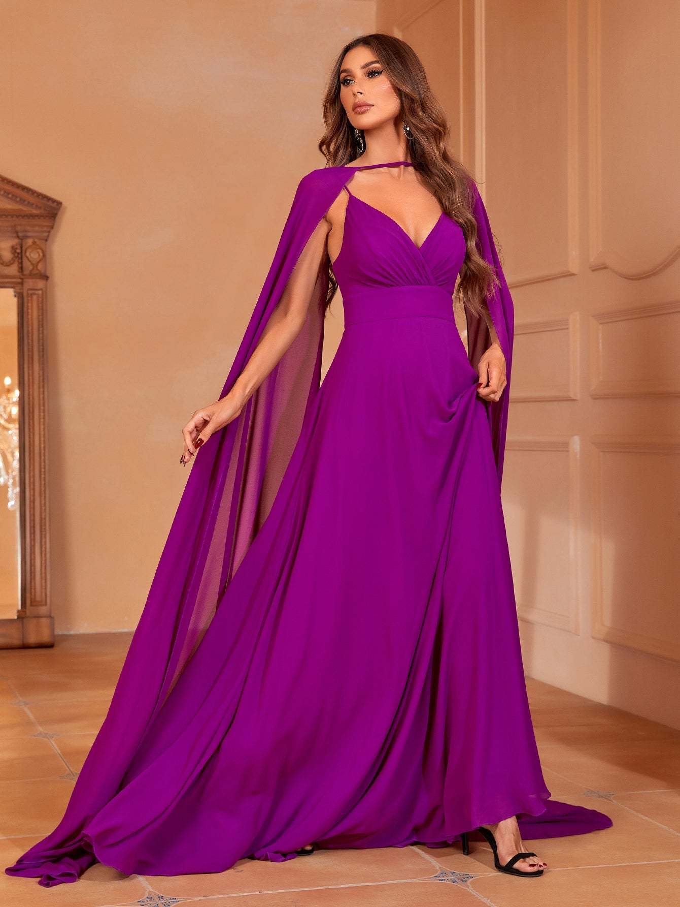 Elegant Backless Chiffon Cami Formal Dress With Cape