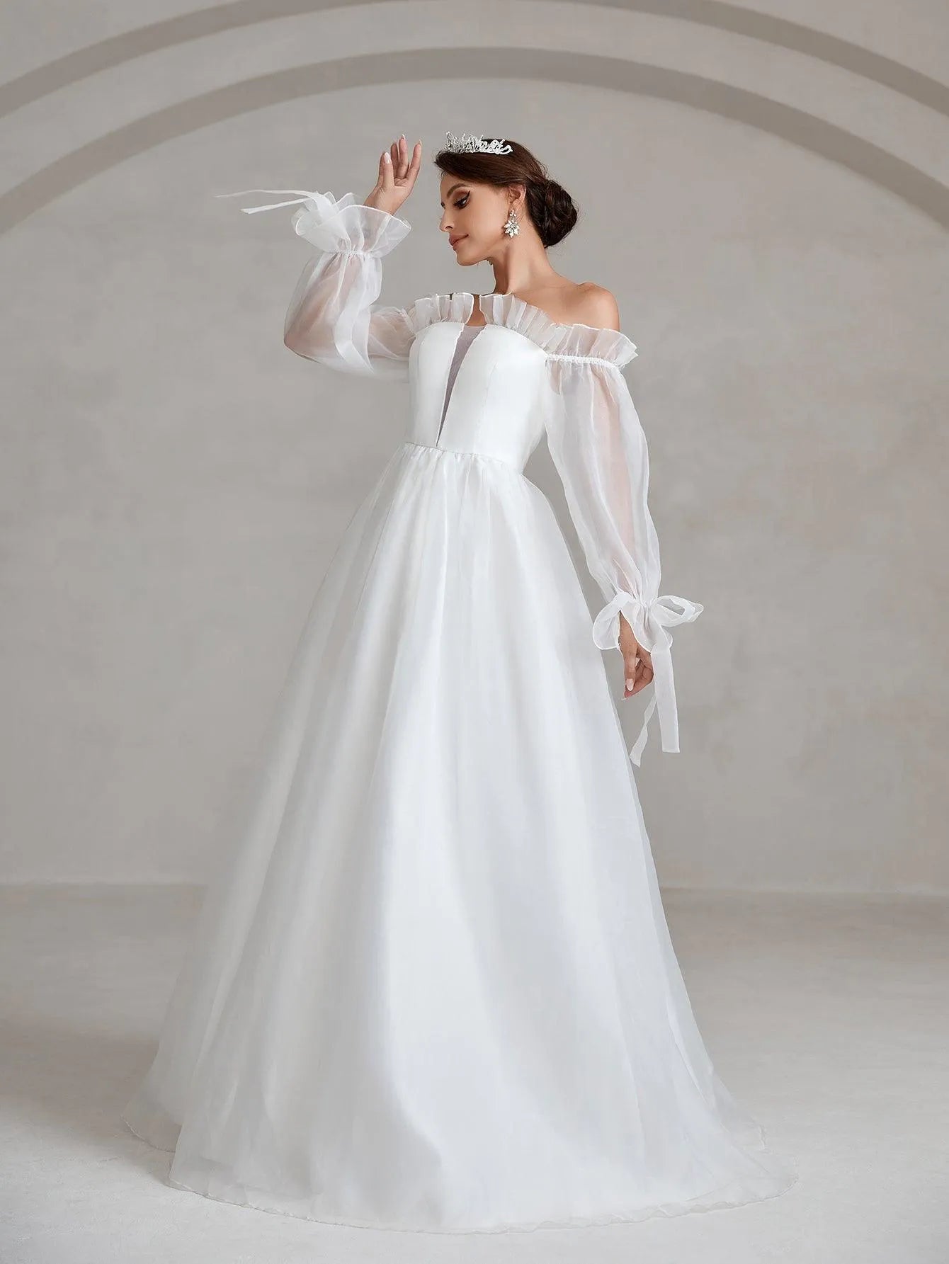 Ruffle Trim Off Shoulder Flounce Sleeve A Line Wedding Dress