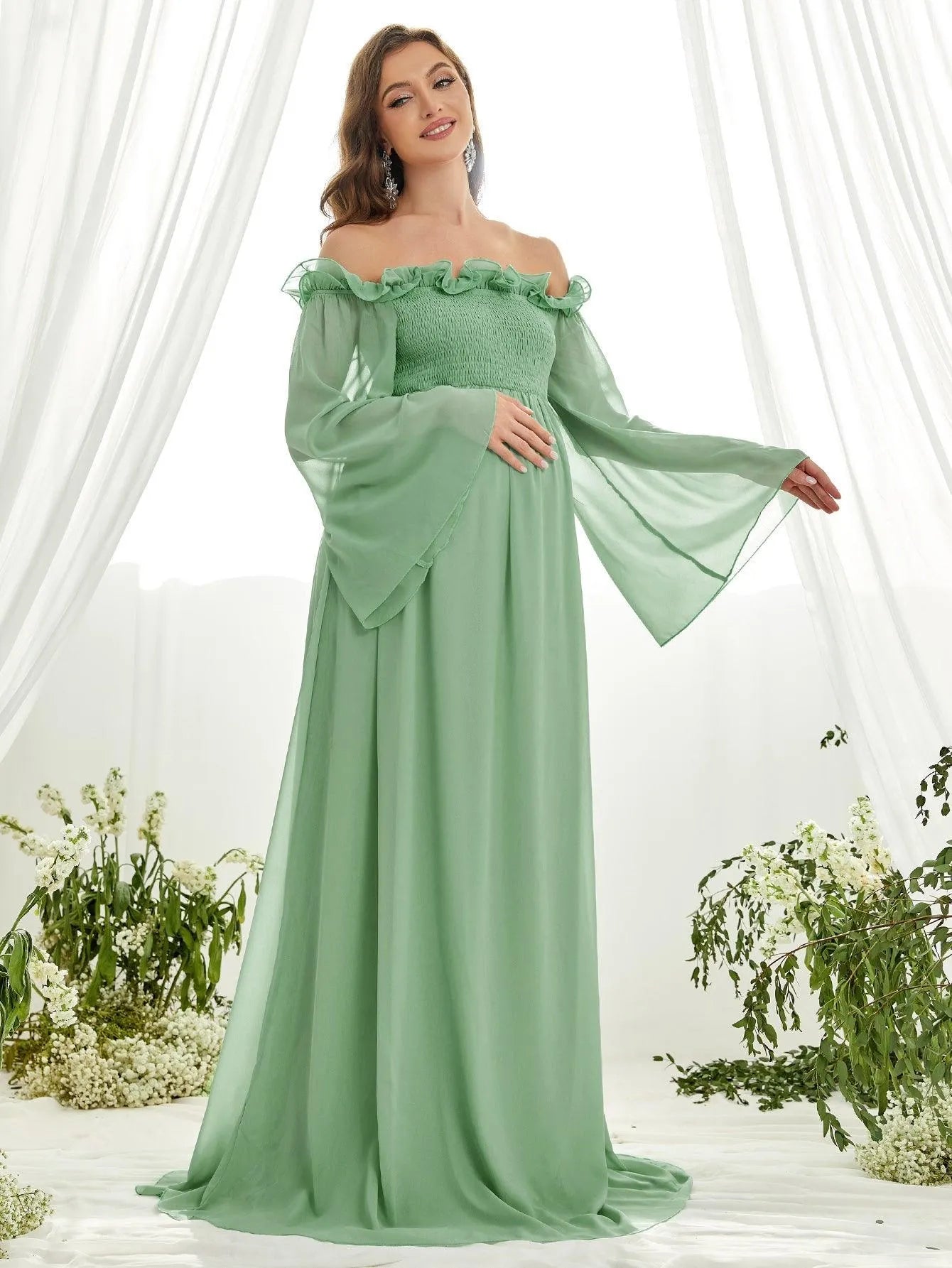 Maternity Off Shoulder Ruffle Trim Shirred Chiffon Dress