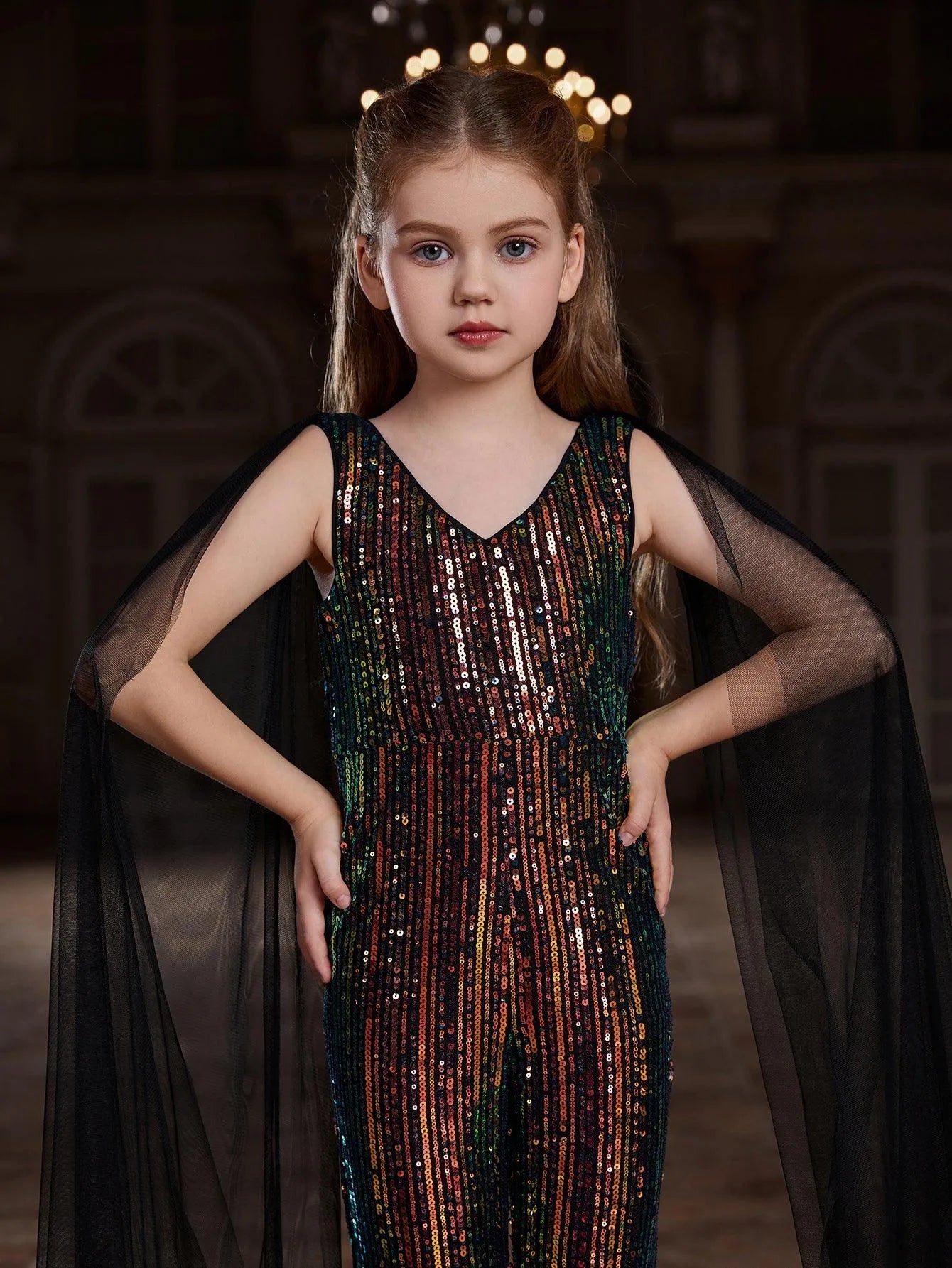 Tween Girls' V Neck Mesh Cape Sleeves Sequin Jumpsuit