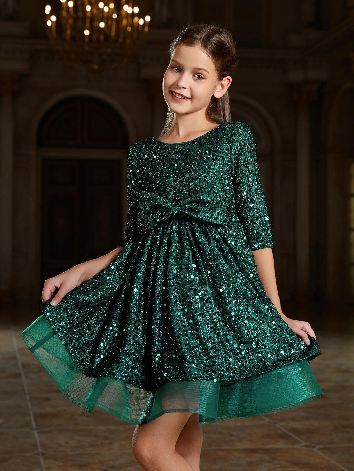 Tween Girls' Bow Detail 3/4 Sleeve Sequin Party Dress