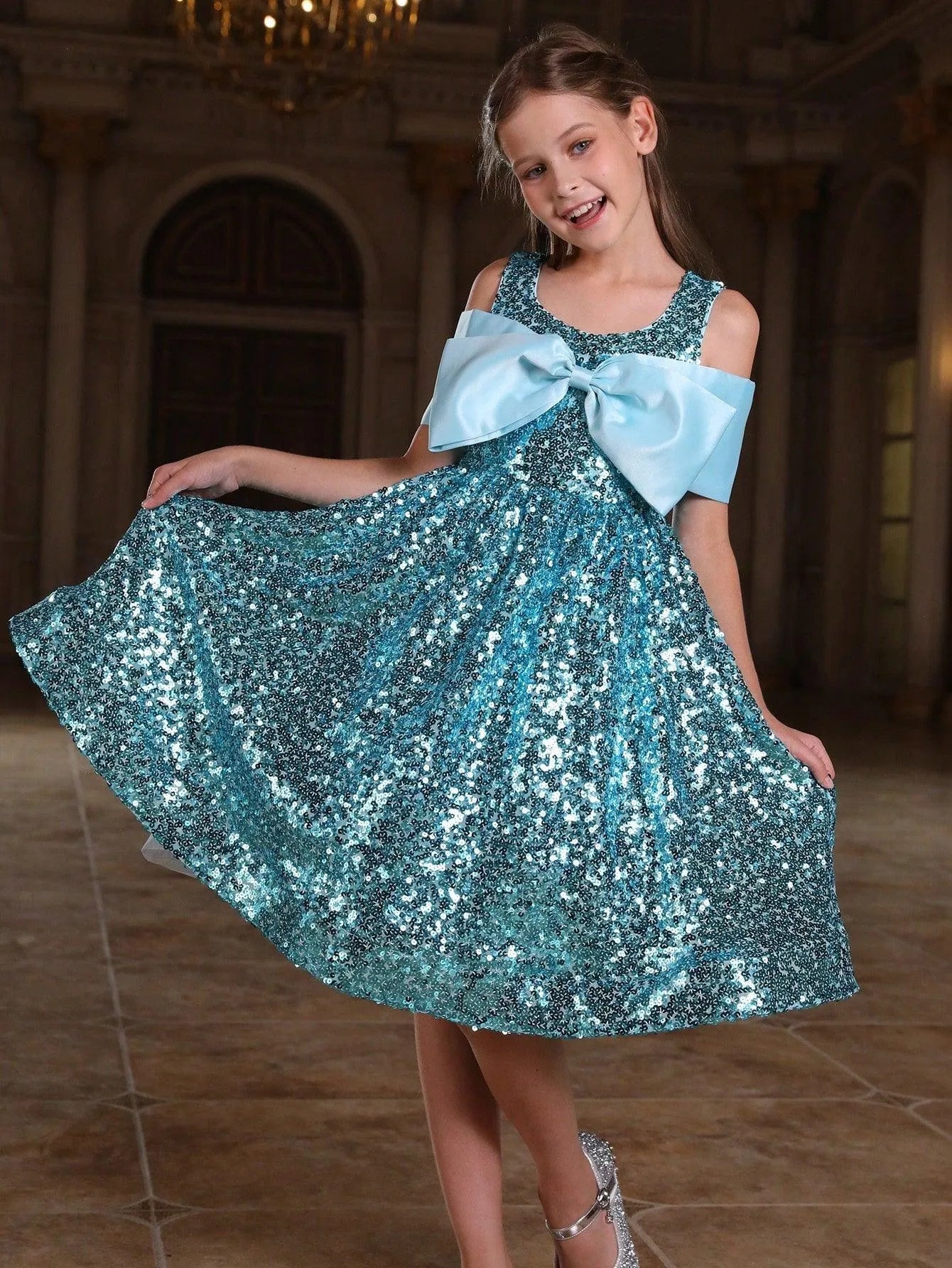 Tween Girls' Bow Detail Sequin Party Dress