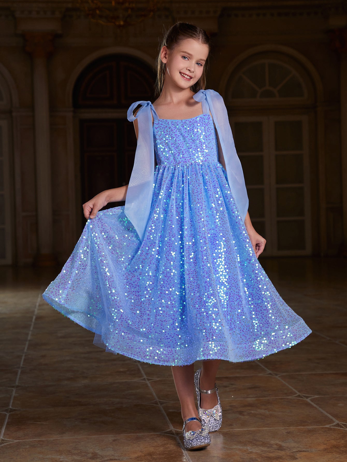 Girl's Tie Shoulder Sequin Party Dress