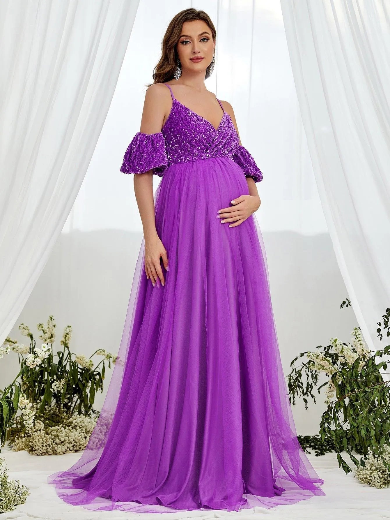 Maternity Cold Shoulder Sequin Bodice Contrast Mesh Hem Dress